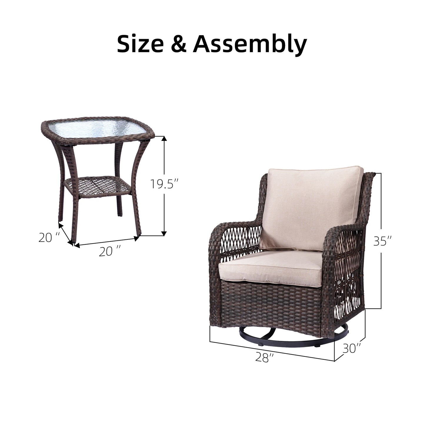 TWISTER.CK Outdoor Wicker Patio Bistro Set with Glass Top Table