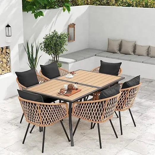 Outdoor Patio Dining Set with All-Weather Rattan and Wood Table Top