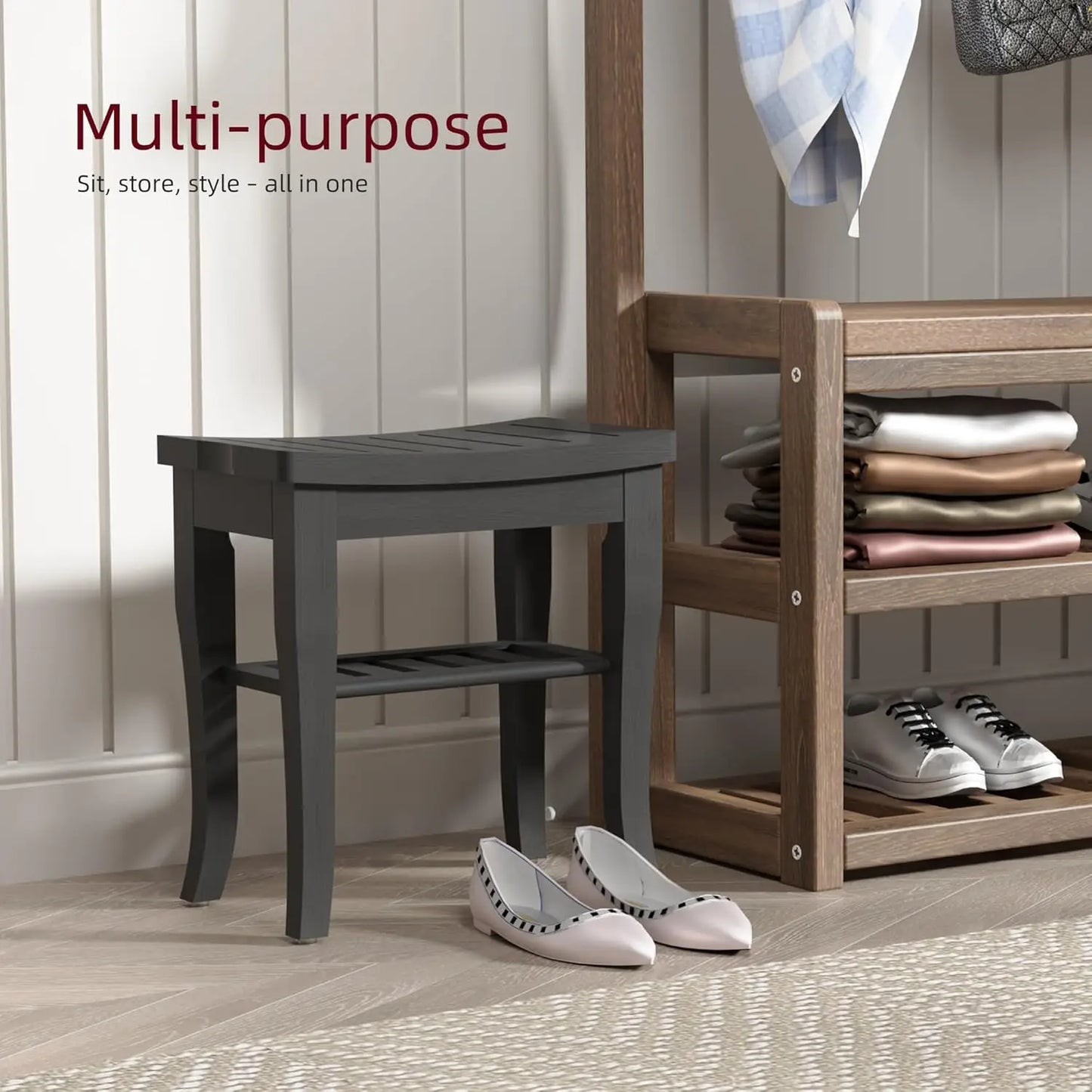 Hign-concerned Bamboo Shower Bench With 2-Tier Storage