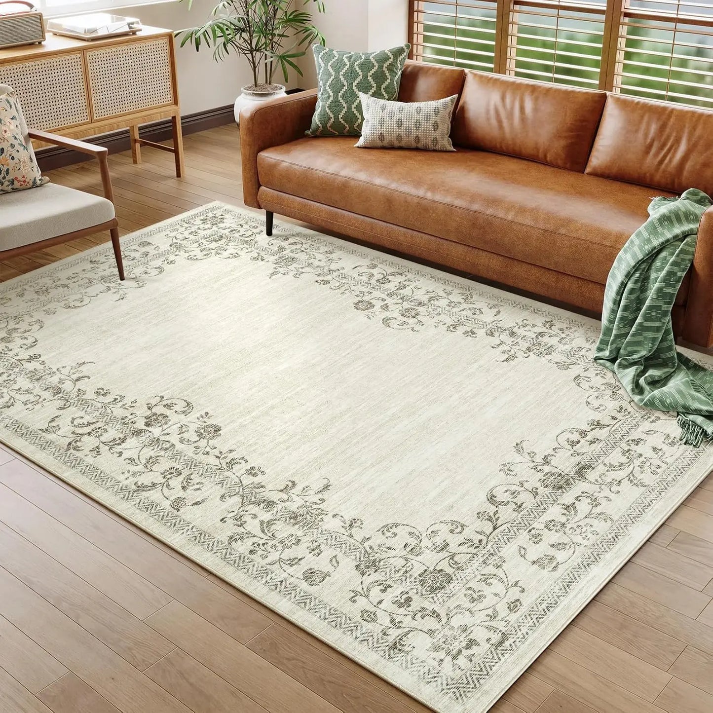 HiMISS Washable Area Rug Floral Border Polyester Machine Made