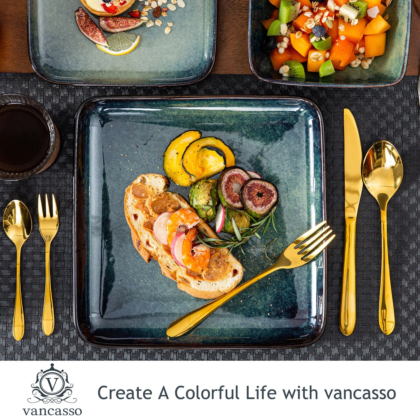 MALACASA Dinner Set Ceramic 16 Piece Square Kiln Glaze