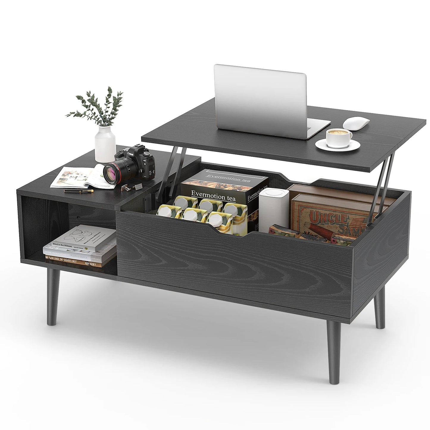 DUMOS Lift Top Coffee Table With Storage Shelf Wood
