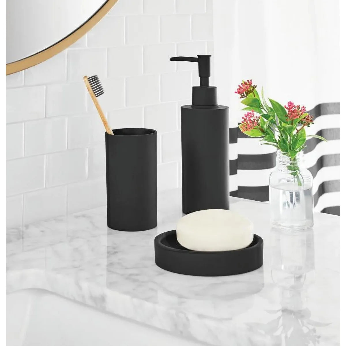 Shower Curtain Set with Polyester Material and Stripes Design