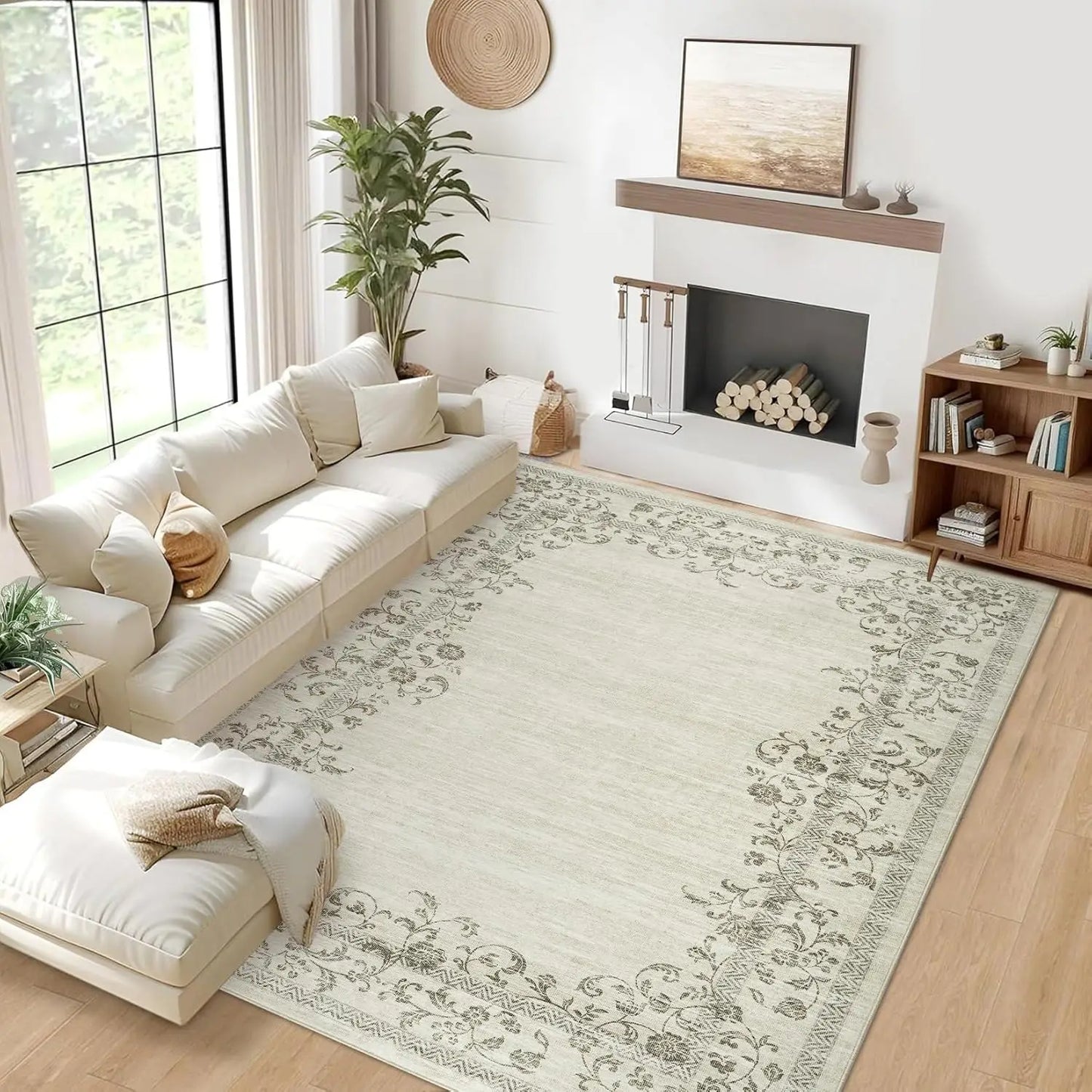 HiMISS Washable Area Rug Floral Border Polyester Machine Made