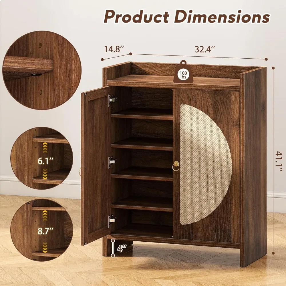 MKDK Shoe Storage Cabinet With Adjustable Shelves Rattan