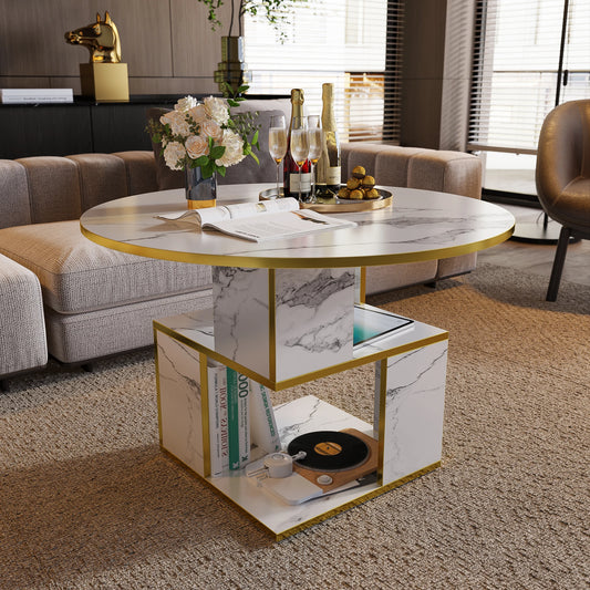 Merronix 3-Tier Round Coffee Table With Storage, Marble Top