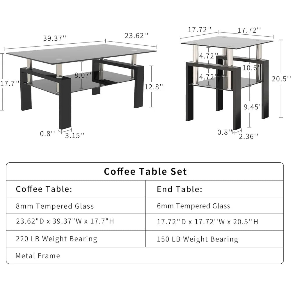 Coffee Table Set With Glass Top And Durable Metal Frame