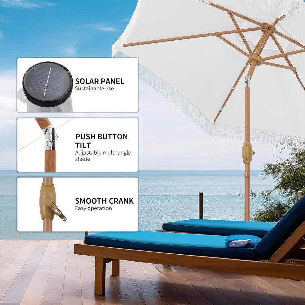 Patio Umbrella With Fringe And Base, 18 LED Solar Lights