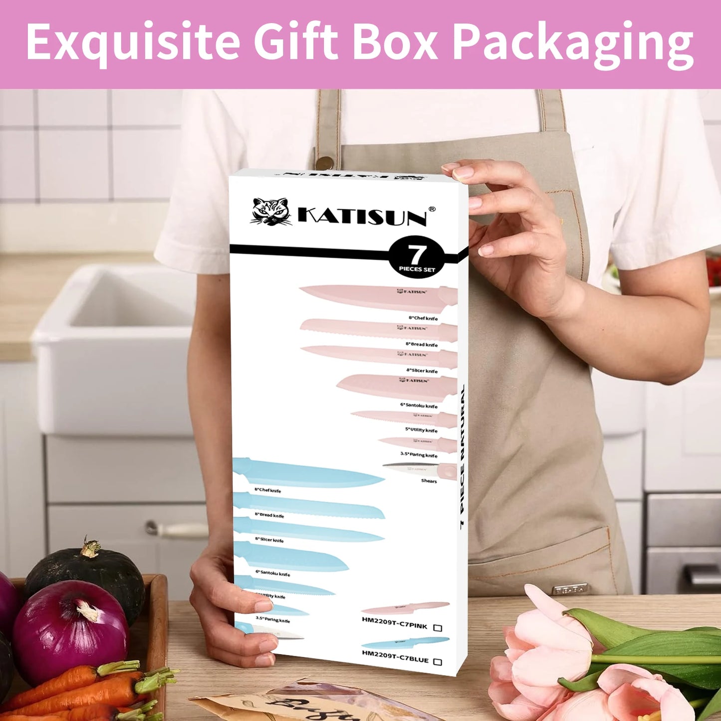 KATISUN Knife Set 13-Piece Titanium Coated Carbon Steel Blade Covers