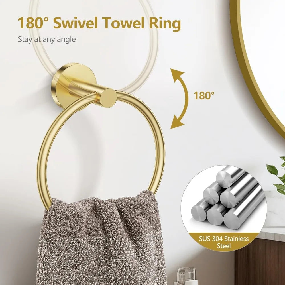 5-Piece Brushed Gold Bathroom Hardware Set with Towel Bar, Ring, Toilet Paper Holder and Hooks - Stainless Steel Wall Mounted