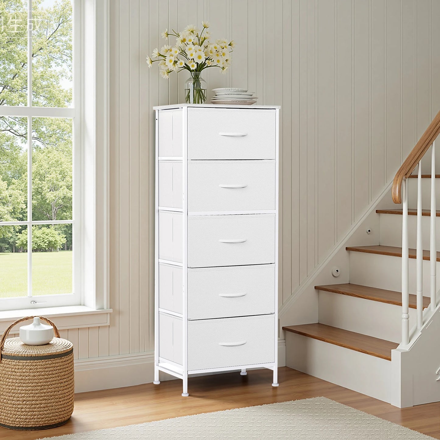 JHK Modern Dresser with Fabric Drawers and Steel Frame