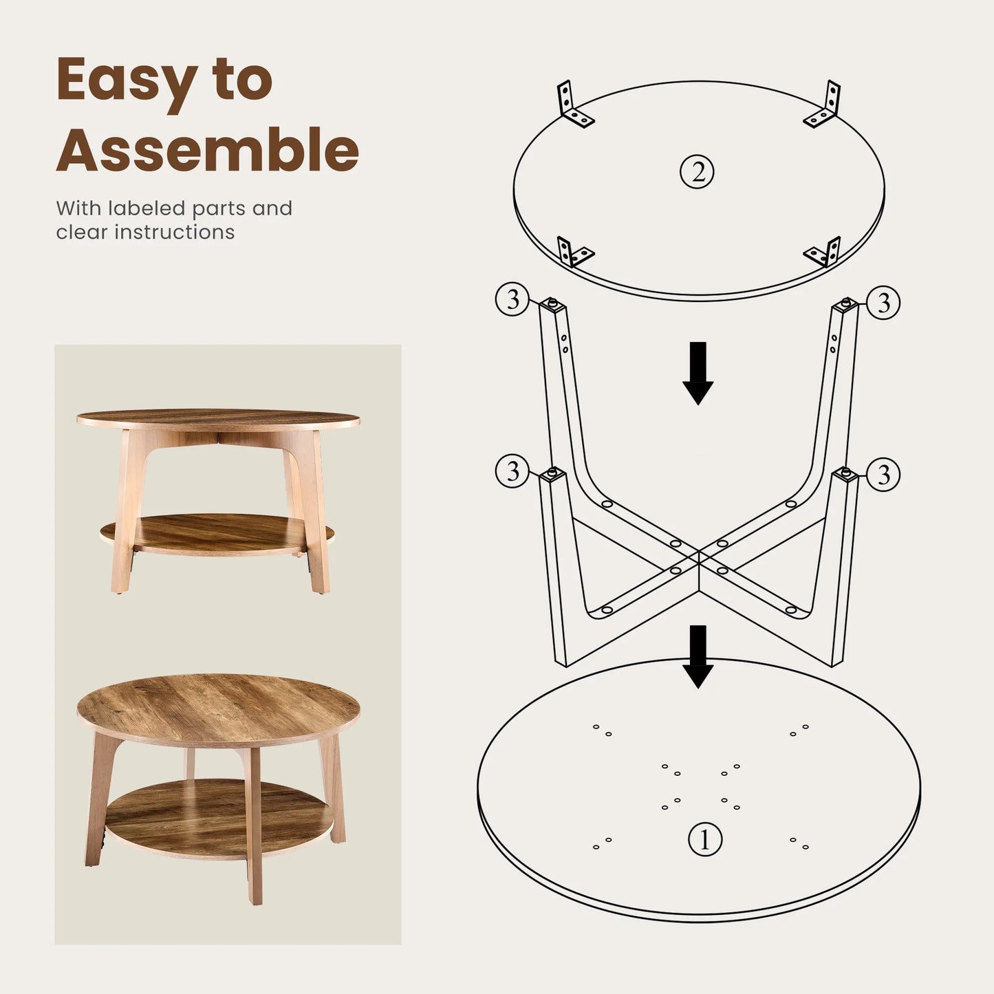JHK 32IN Wood Round Coffee Table For Living Room 2-Tier Center Counter with Storage 50 lbs Capacity Anti-Slip Feet Modern Design