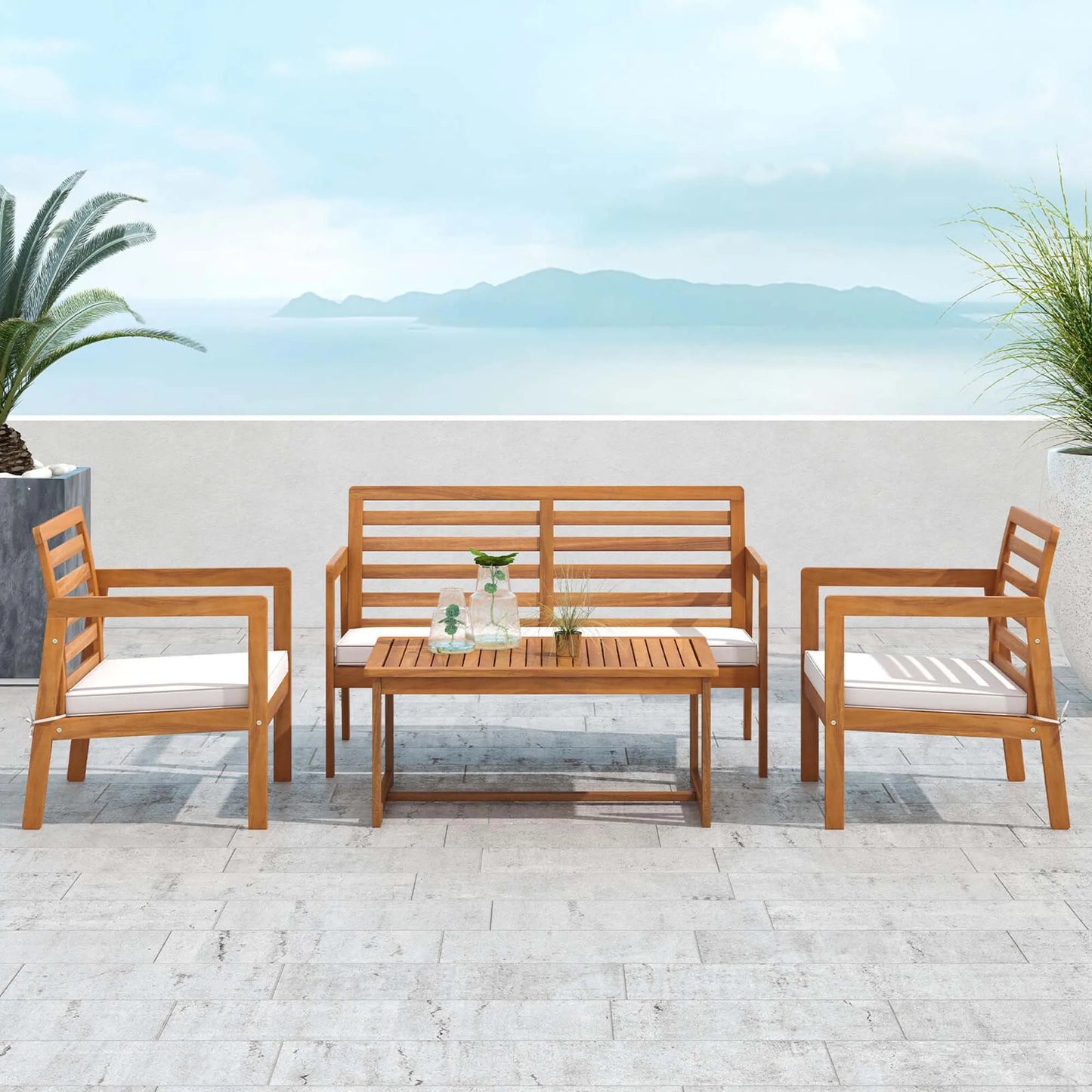 HOMASIS 4-Piece Acacia Wood Patio Furniture Set With Cushions