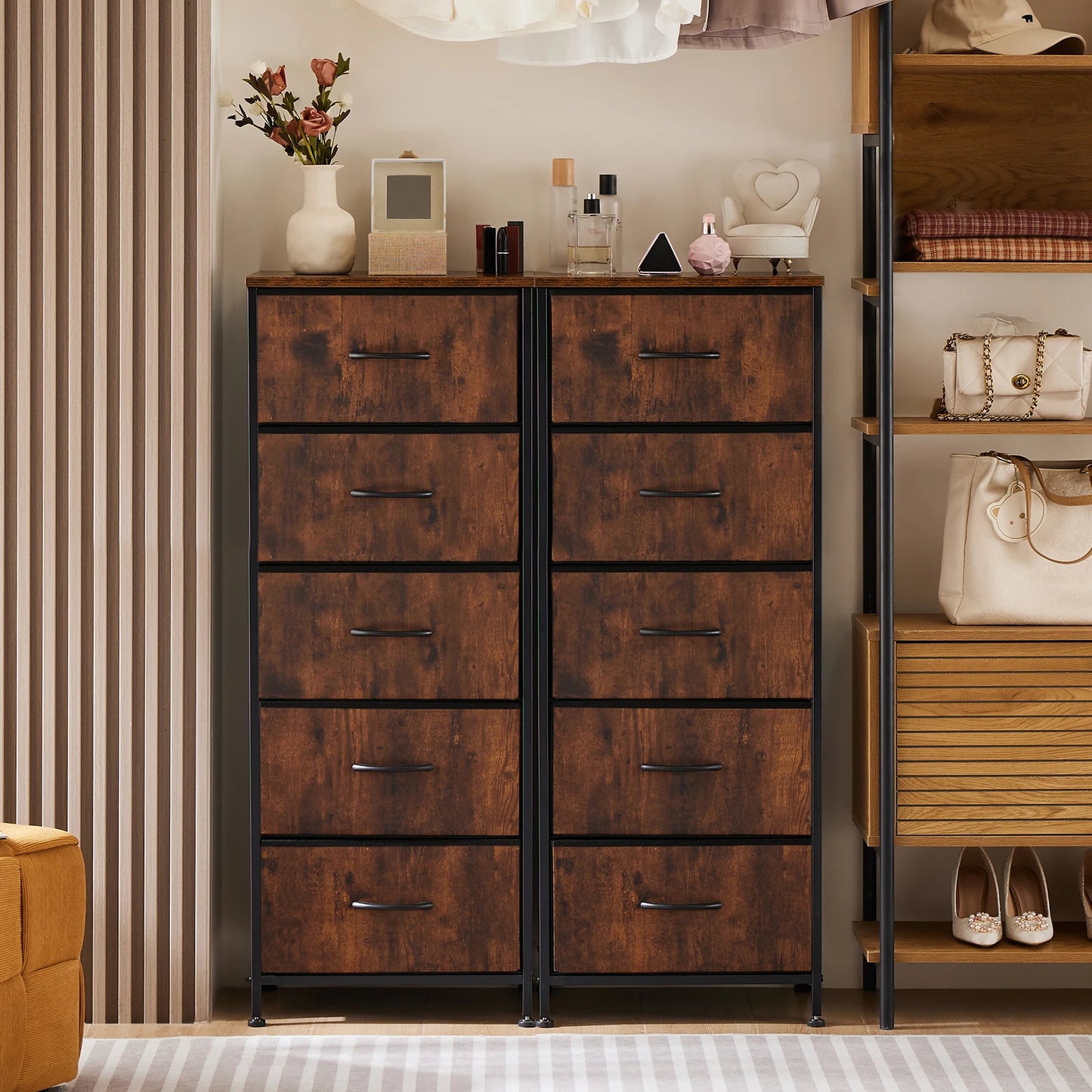 JHK Modern Dresser with Fabric Drawers and Steel Frame