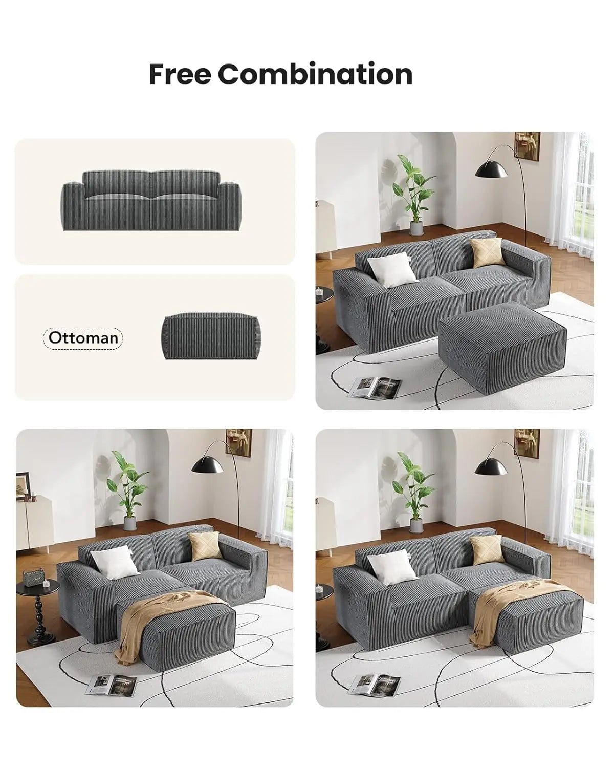 Sofa L-Shaped Corduroy With Deep Cushions And High Back