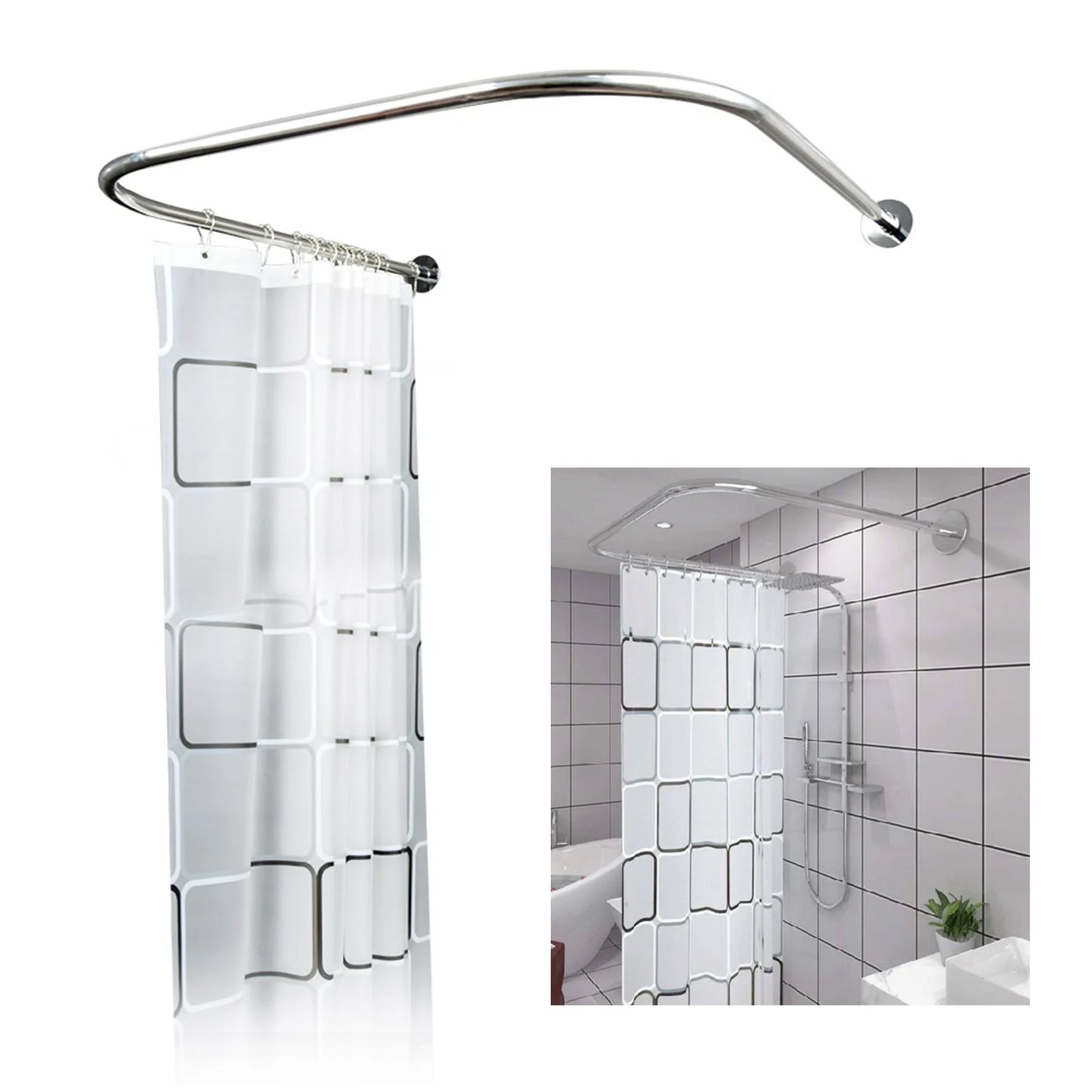 Stainless Steel U-Shaped Curved Shower Curtain Rod Set