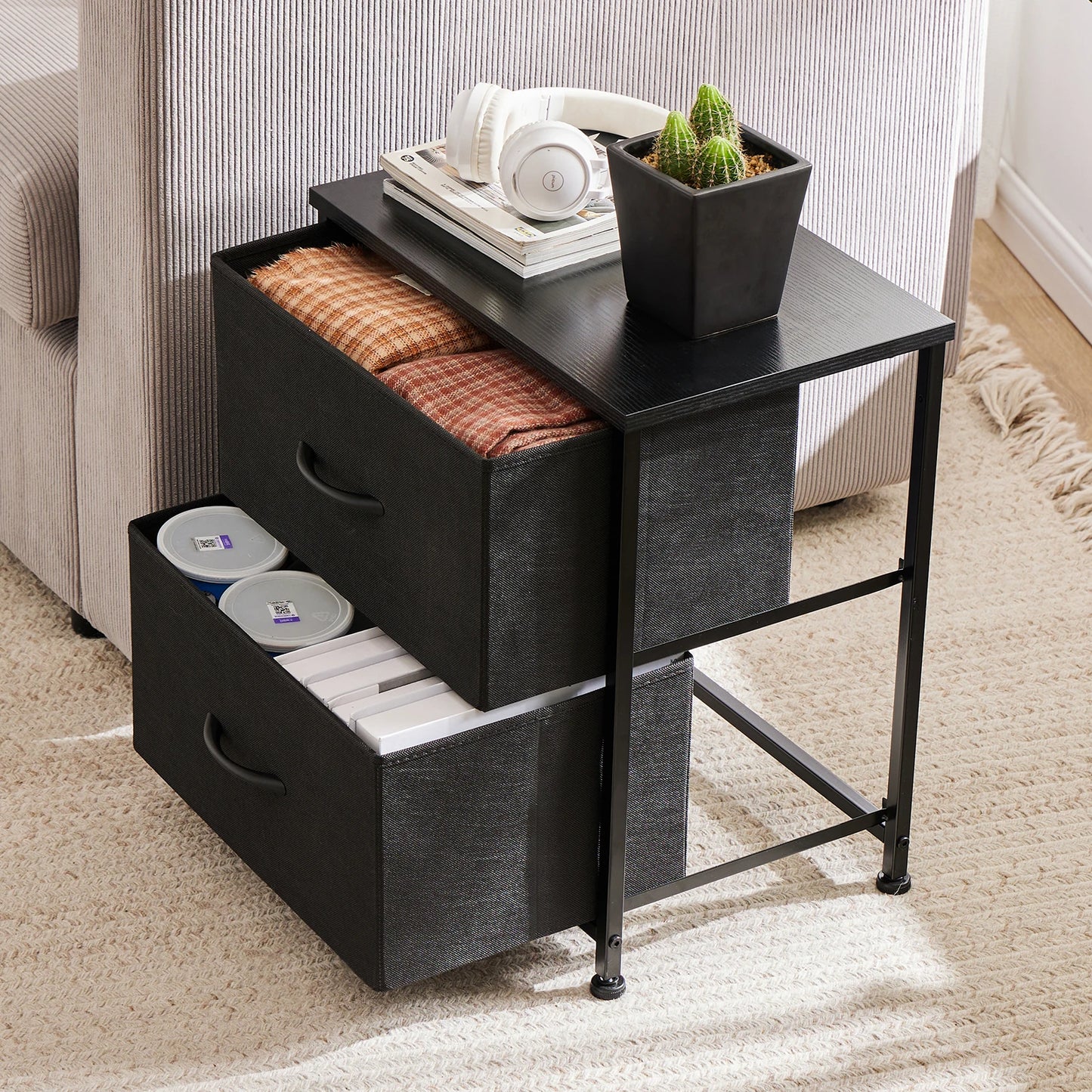 JHK Modern Morocco Style Nightstand With Two Fabric Drawers