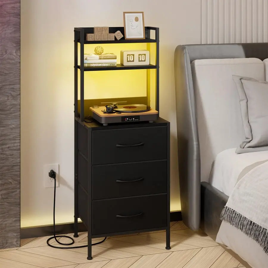 Nightstand LED Charging Station With USB Port And Fabric Drawers