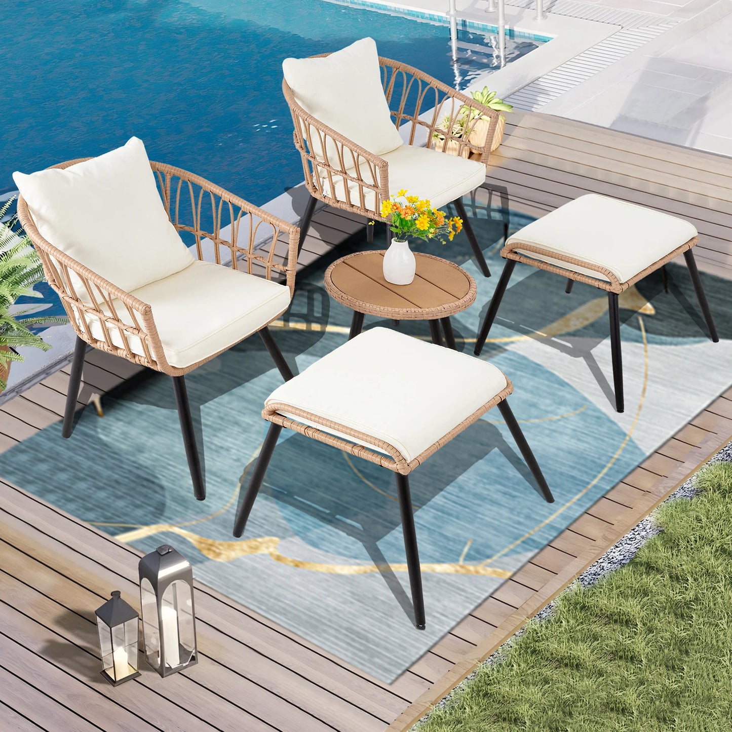 SEOGWISAM Patio Bistro Set All-Weather PE Rattan With Ottoman