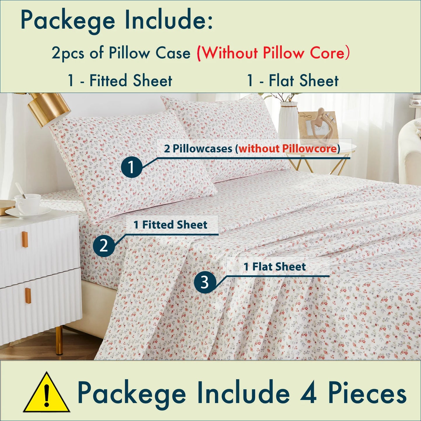 LISSTHERCN Fitted Sheet Set 4pcs 100 Percent Egyptian Cotton Flower Pattern