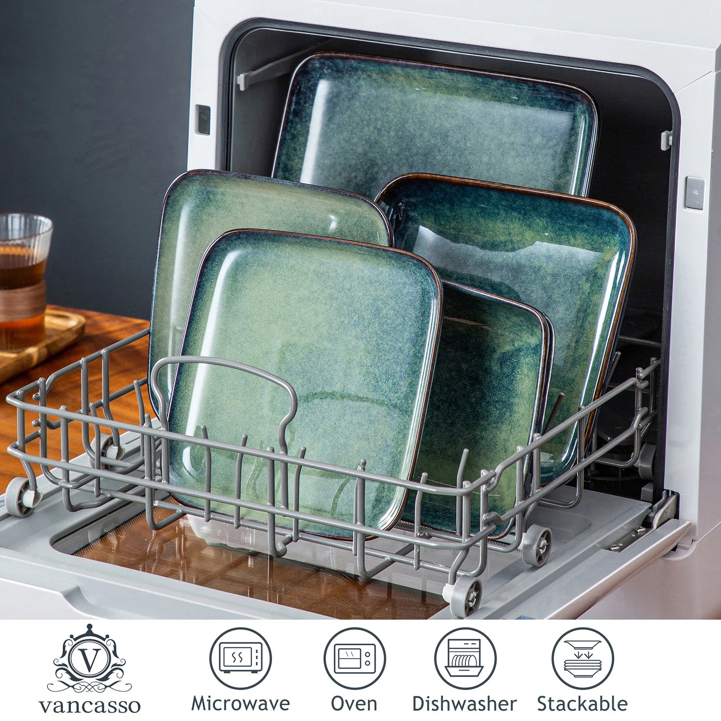 MALACASA Dinner Set Ceramic 16 Piece Square Kiln Glaze