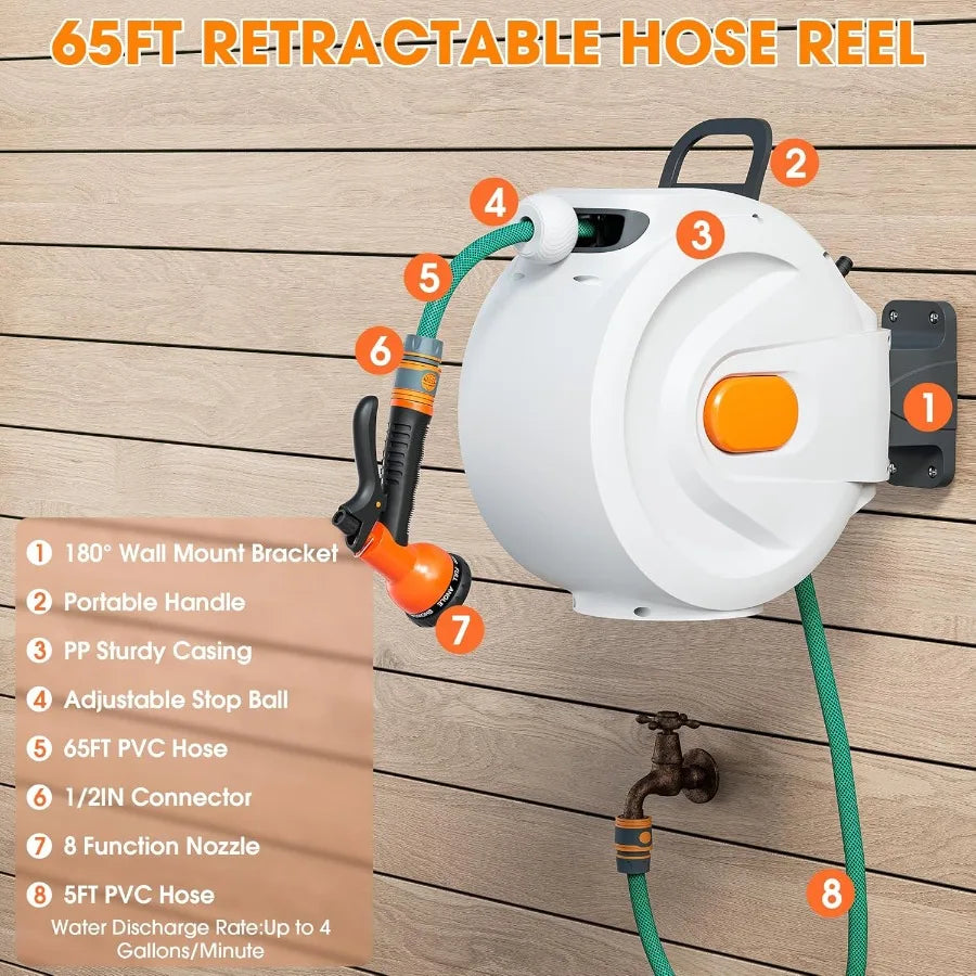Garden Hose Reel Retractable Wall Mounted With 8 Pattern Nozzle