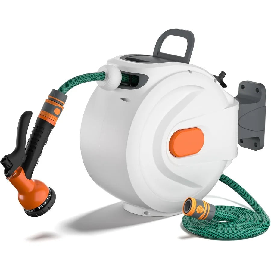 Garden Hose Reel Retractable Wall Mounted With 8 Pattern Nozzle