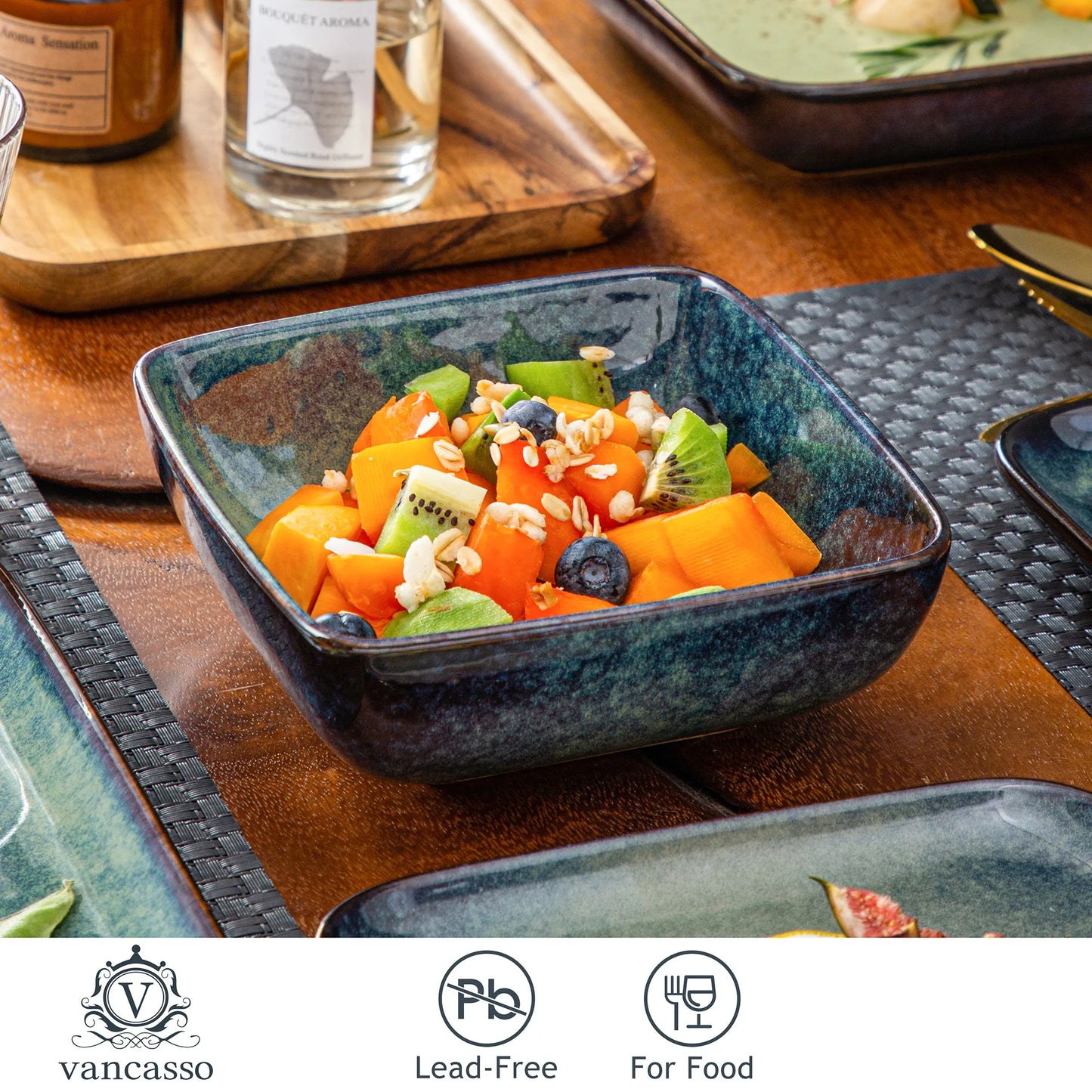 MALACASA Dinner Set Ceramic 16 Piece Square Kiln Glaze