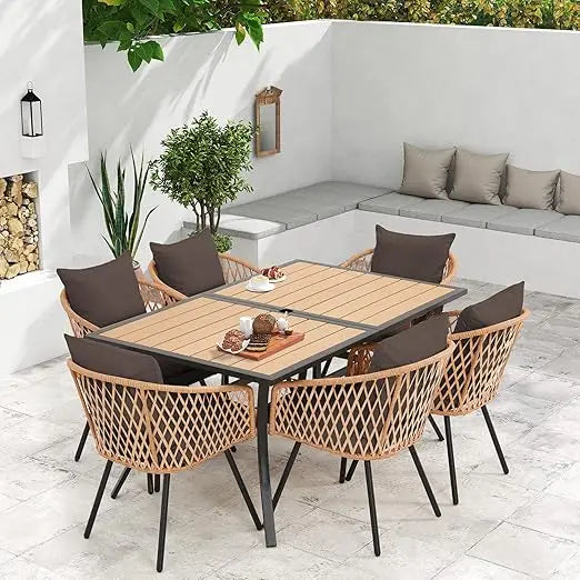 Outdoor Patio Dining Set with All-Weather Rattan and Wood Table Top