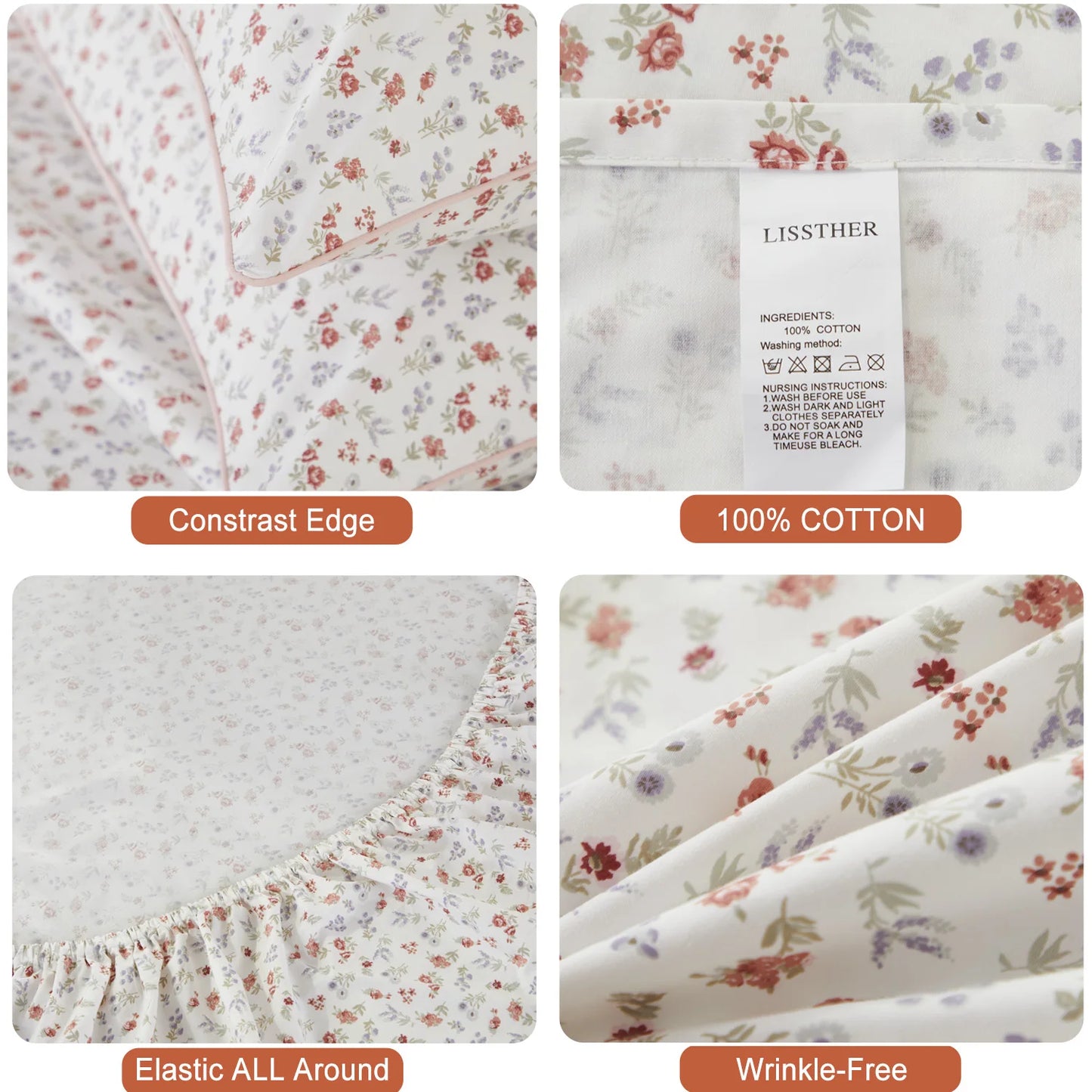 LISSTHERCN Fitted Sheet Set 4pcs 100 Percent Egyptian Cotton Flower Pattern
