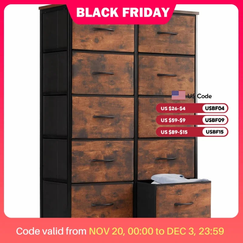 JHK Bedside Table Steel-Frame Storage With 10 Fabric Drawers