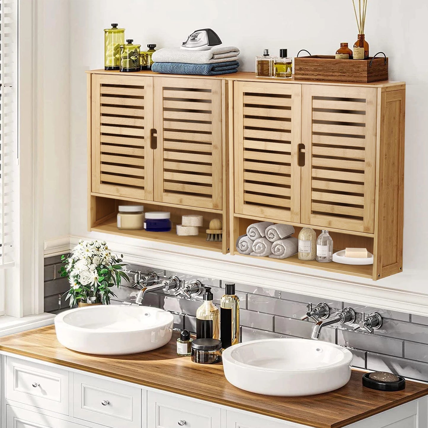 WisforFininsh Wall Cabinet Bamboo With Adjustable Shelves