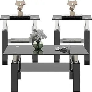 Coffee Table Set With Glass Top And Durable Metal Frame
