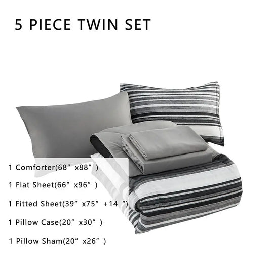5 Piece Bed in a Bag Stripe Comforter Set Twin Size, White Grey Black Patchwork Striped Comforter and Sheet Set, All Season Soft