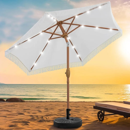 Patio Umbrella With Fringe And Base, 18 LED Solar Lights