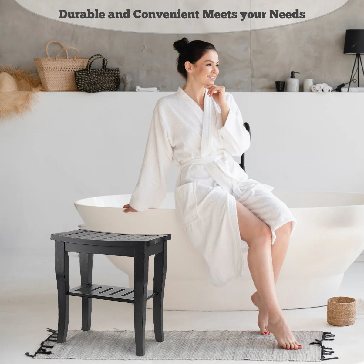 Hign-concerned Bamboo Shower Bench With 2-Tier Storage