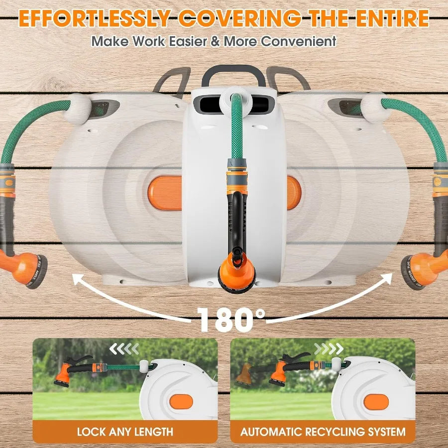 Garden Hose Reel Retractable Wall Mounted With 8 Pattern Nozzle