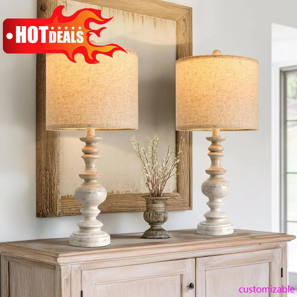 XMSJ Table Lamp Set Rustic Resin Farmhouse Linen Shade
