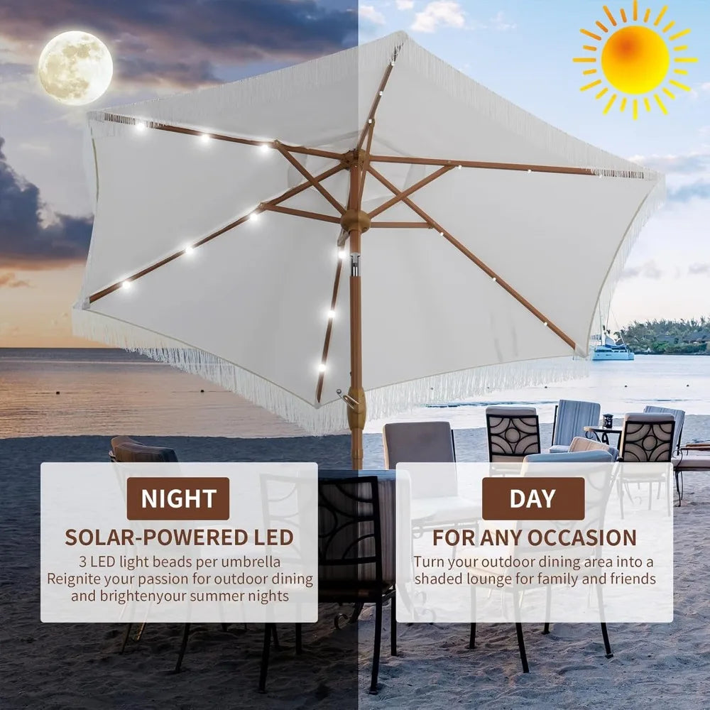 Patio Umbrella With Fringe And Base, 18 LED Solar Lights