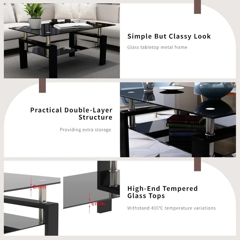 Coffee Table Set With Glass Top And Durable Metal Frame
