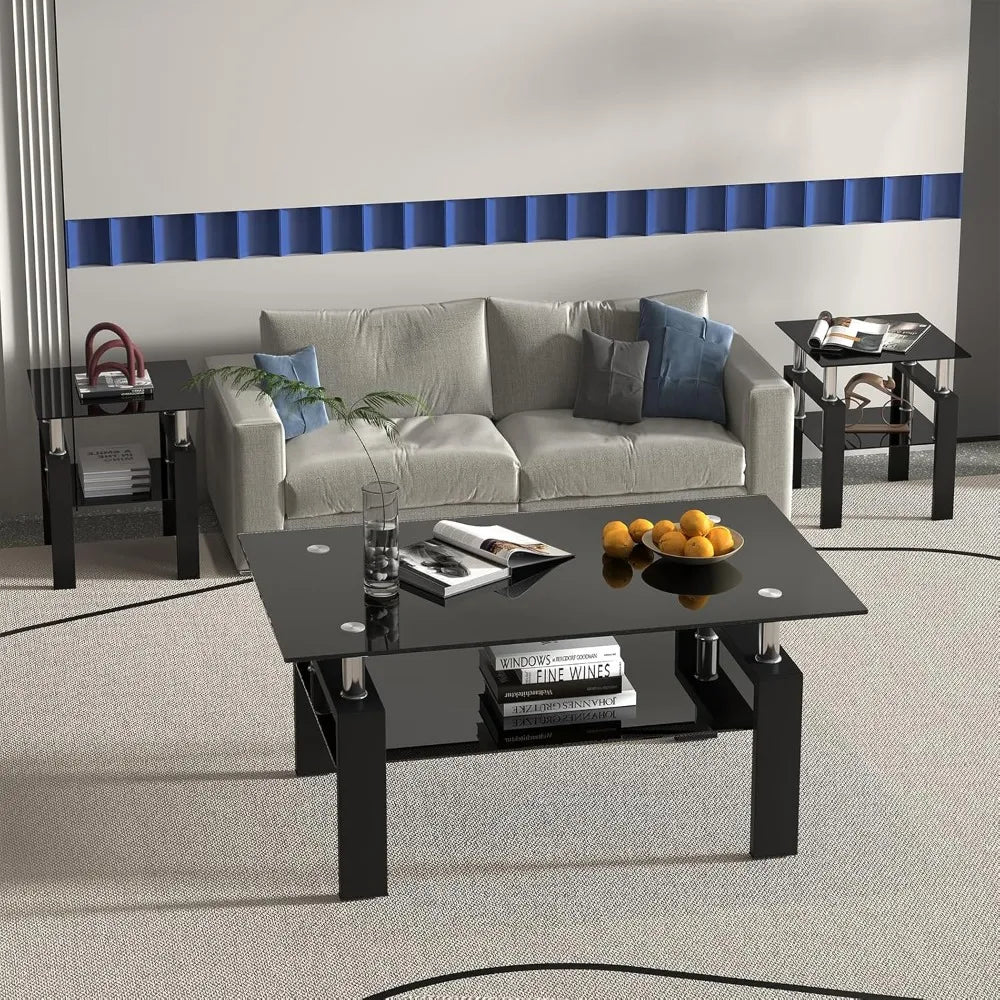 Coffee Table Set With Glass Top And Durable Metal Frame