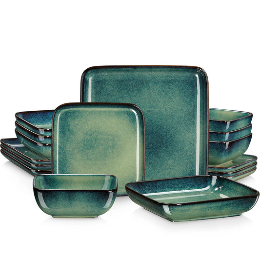 MALACASA Dinner Set Ceramic 16 Piece Square Kiln Glaze