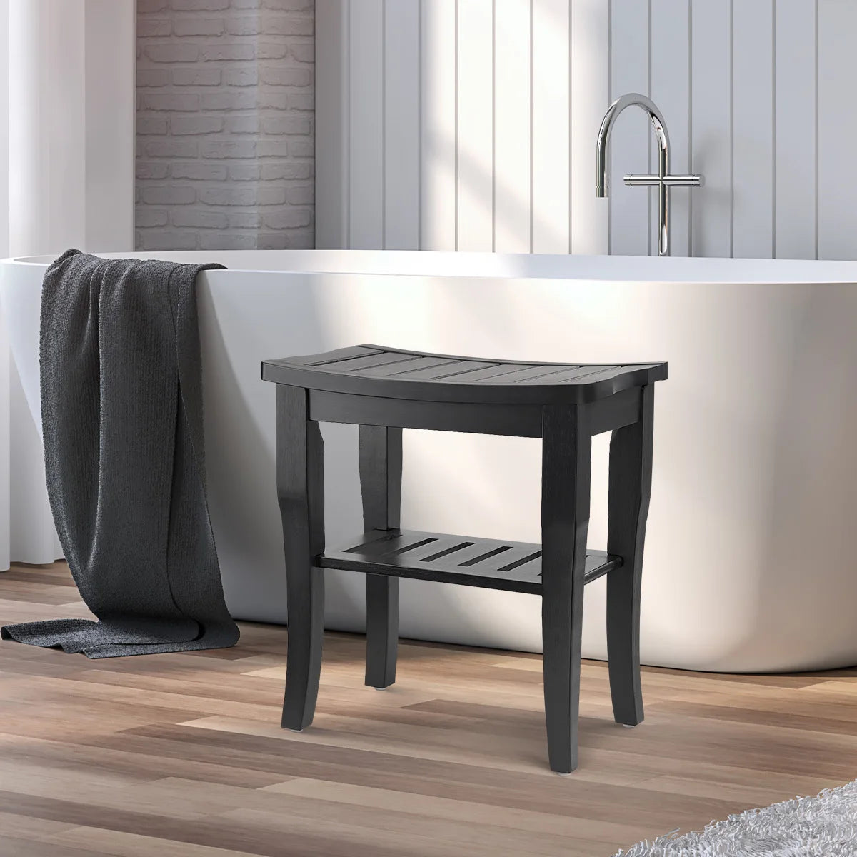 Hign-concerned Bamboo Shower Bench With 2-Tier Storage