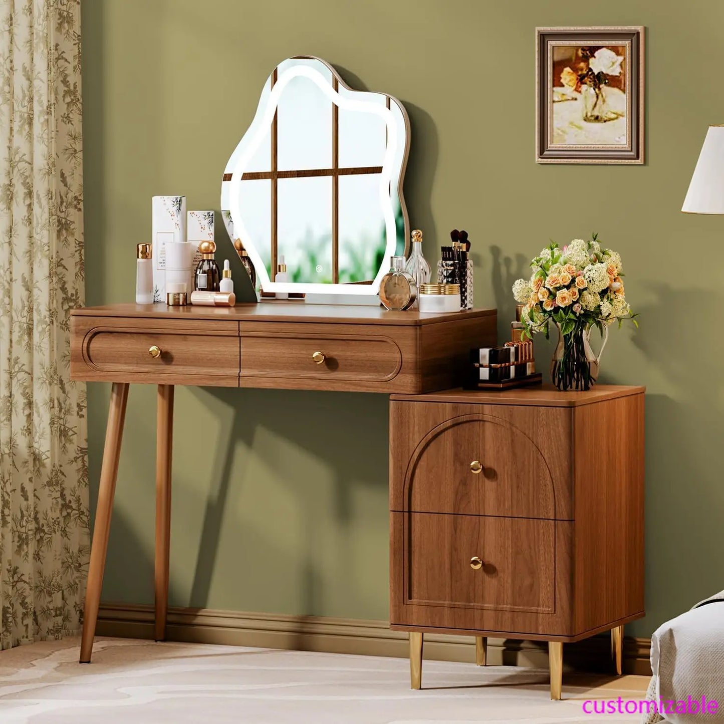 XMSJ Vanity Table With Lighted Mirror And 4 Drawers