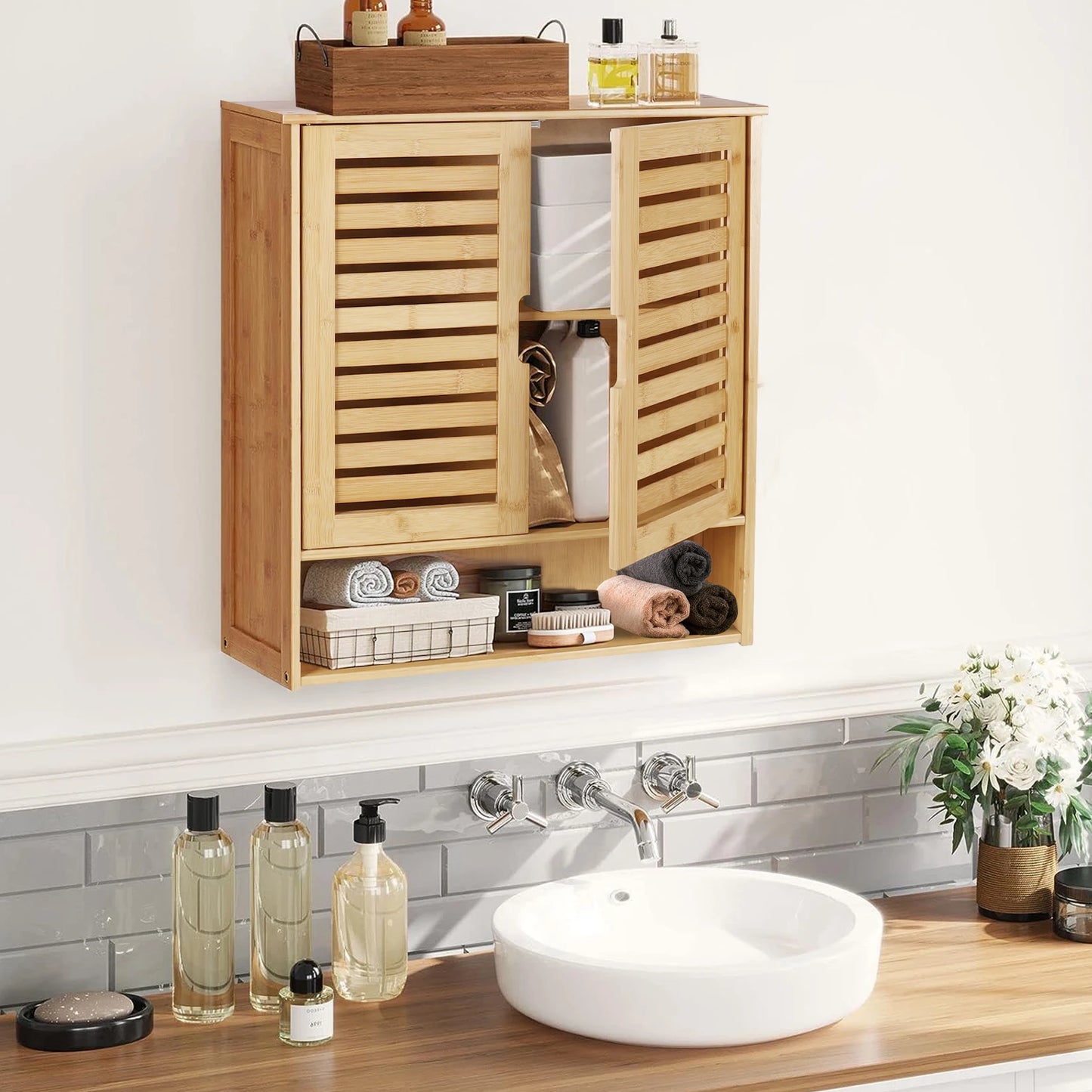 WisforFininsh Wall Cabinet Bamboo With Adjustable Shelves