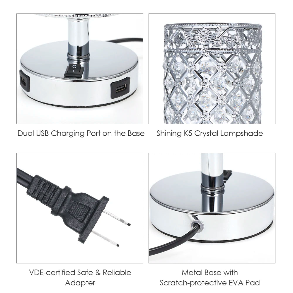 Tomshine Crystal Bedside Table Lamp With Dual USB Ports