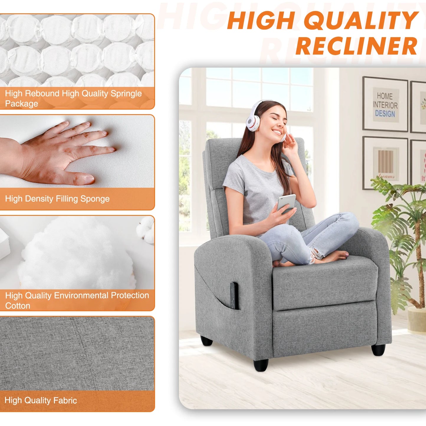 JHK Recliner Chair Massage Sofa Fabric Living Room