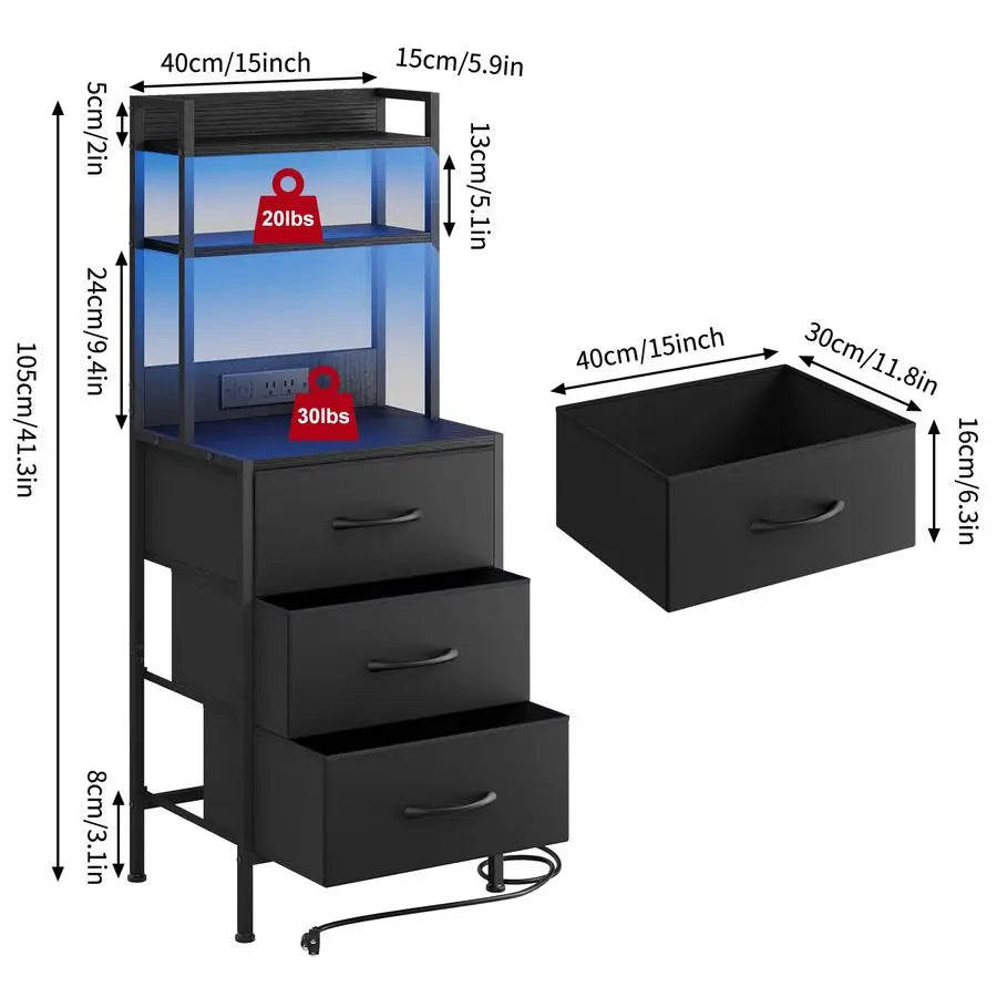 Nightstand LED Charging Station With USB Port And Fabric Drawers