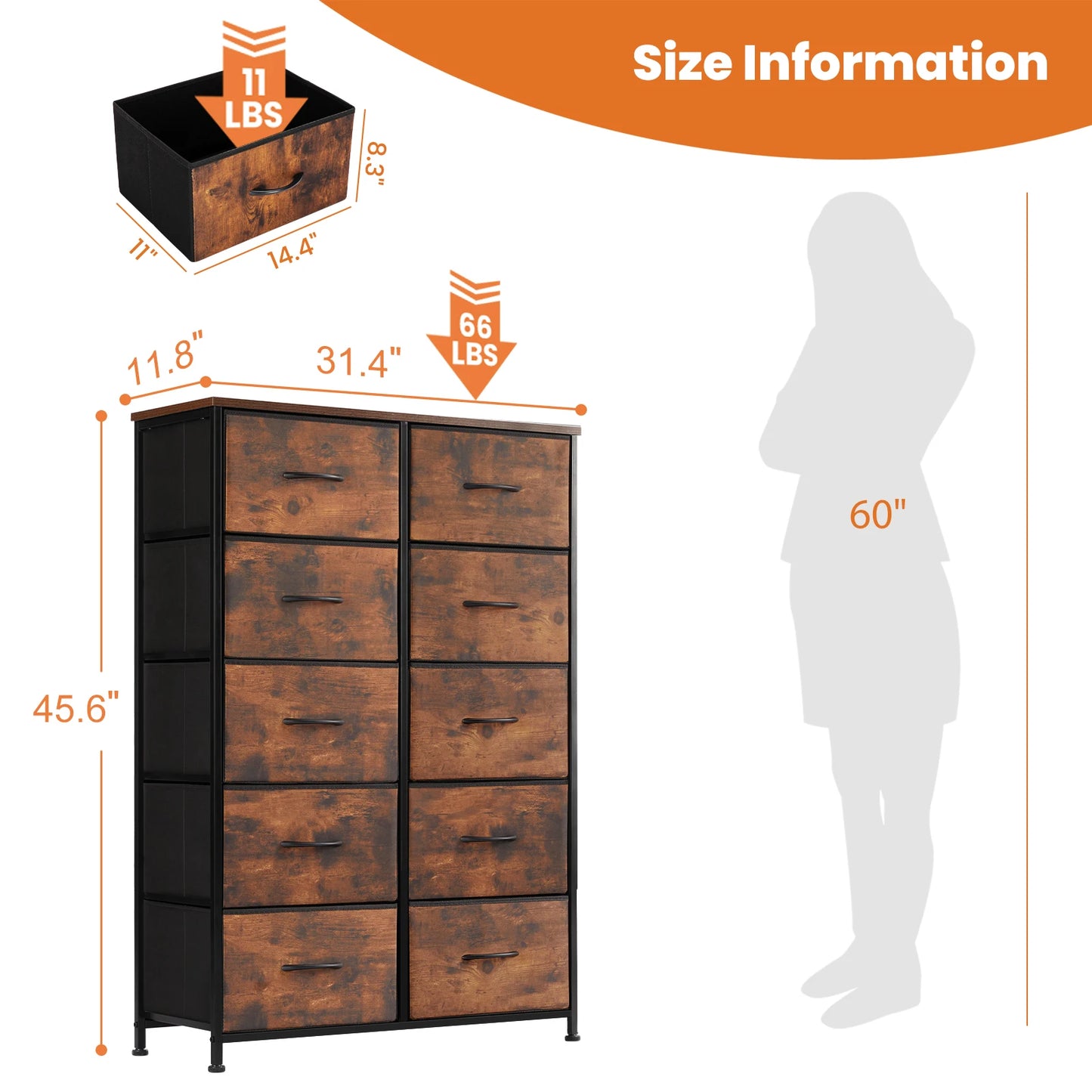 JHK Bedside Table Steel-Frame Storage With 10 Fabric Drawers