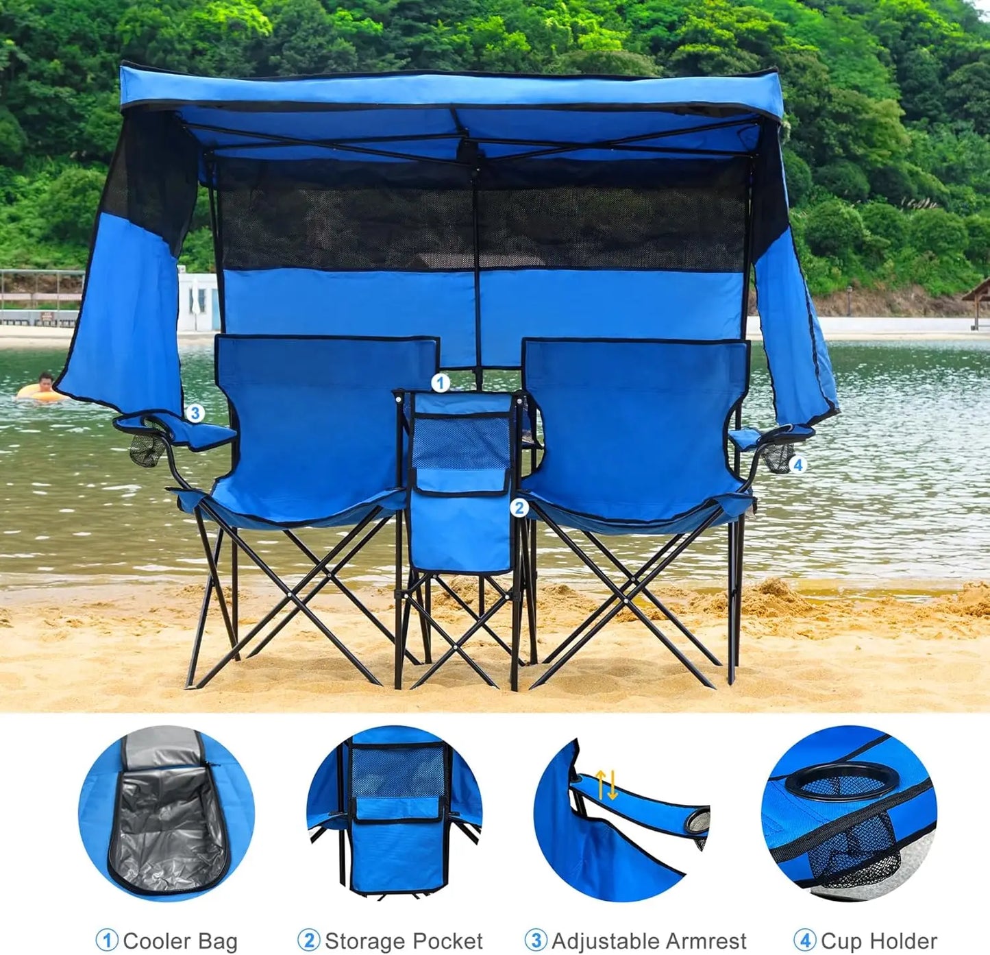 Beach Chair With Canopy Shade Folding Outdoor Heavy Duty
